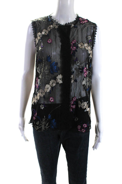 T Tahari Womens Sleeveless V Neck Lace Floral Embroidered Sheer Top Black Small