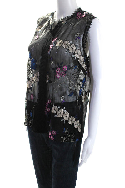 T Tahari Womens Sleeveless V Neck Lace Floral Embroidered Sheer Top Black Small