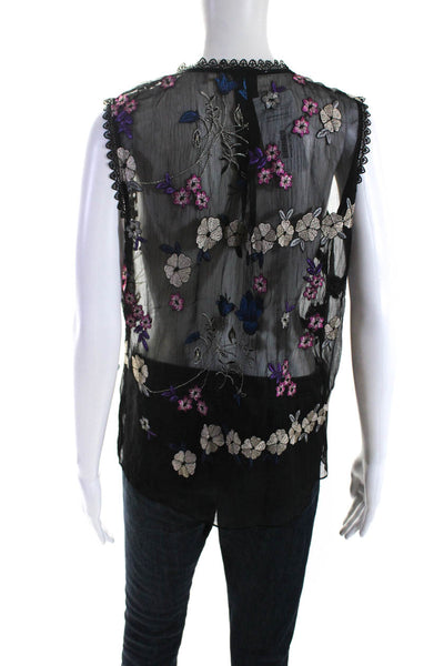 T Tahari Womens Sleeveless V Neck Lace Floral Embroidered Sheer Top Black Small