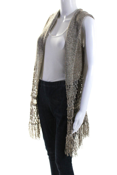 Elie Tahari Womens Hooded Open Knit Fringe Vest Jacket Brown Size Small