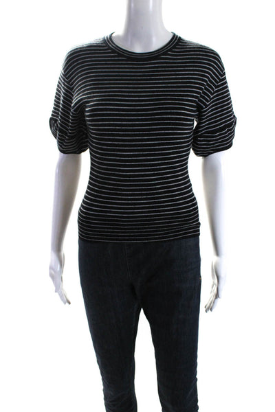 Nicholas Womens Wool Blend Striped Round Neck Short Sleeve Knit Top Black Size S