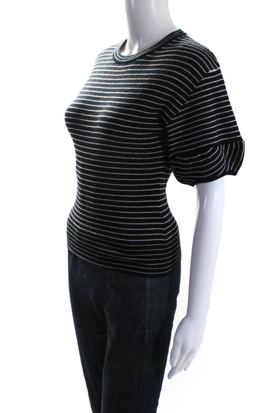 Nicholas Womens Wool Blend Striped Round Neck Short Sleeve Knit Top Black Size S