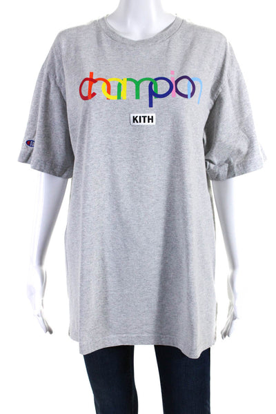 Kith X Champion Womens Cotton Jersey Knit Short Sleeve Graphic Tee Gray Size L