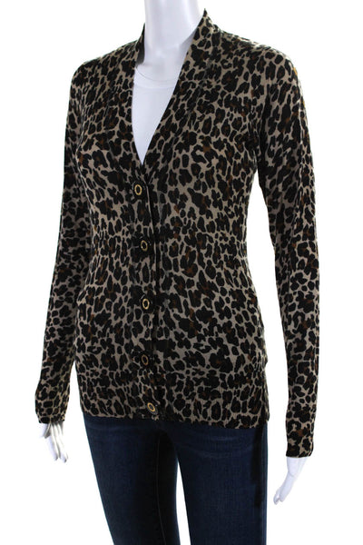 Tory Burch Womens Wool Leopard Print Thin Knit Sweater Cardigan Brown Size XS