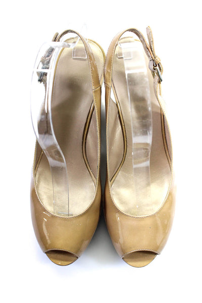 Stuart Weitzman Womens Patent Leather Jean Platform Wedges Beige Size 8.5 Medium