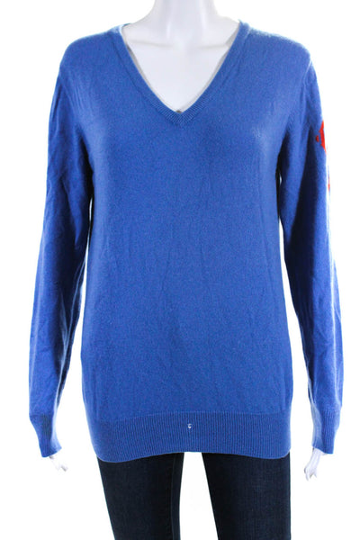 Queen of Cashmere Womens Cashmere Long Sleeve Graphic V Neck Sweater Blue Size M