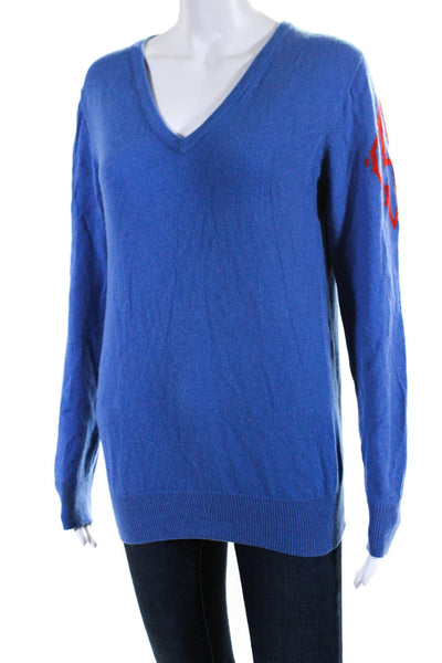 Queen of Cashmere Womens Cashmere Long Sleeve Graphic V Neck Sweater Blue Size M