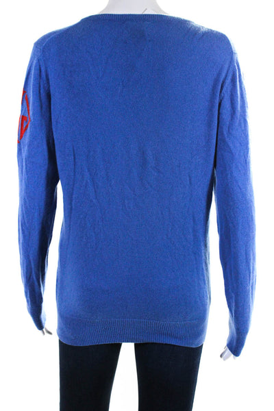 Queen of Cashmere Womens Cashmere Long Sleeve Graphic V Neck Sweater Blue Size M