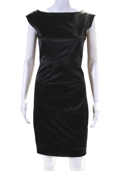 Club Monaco Womens Satin Sleeveless Boat Neck Pleated Sheath Dress Black Size 2