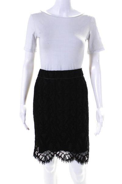 Elie Tahari Womens Cotton Embroider Lace Zippered A-Line Midi Skirt Black Size 2