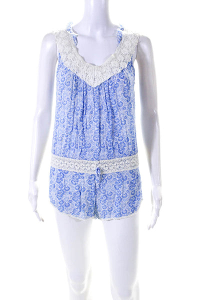 Poupette St. Barth Womens Embroider V-Neck Floral Sleeveless Romper Blue Size 1