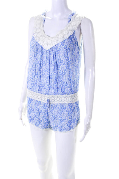 Poupette St. Barth Womens Embroider V-Neck Floral Sleeveless Romper Blue Size 1