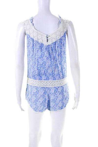 Poupette St. Barth Womens Embroider V-Neck Floral Sleeveless Romper Blue Size 1