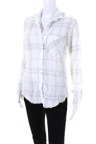 Bella Dahl Womens Striped Print Fringed Hem High Low Button Blouse White Size XS