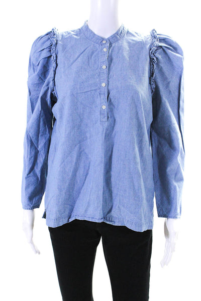 J Crew Womens 3/4 Sleeve Half Button Crew Neck Ruffle Shirt Blue Cotton Small