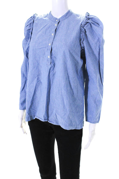 J Crew Womens 3/4 Sleeve Half Button Crew Neck Ruffle Shirt Blue Cotton Small