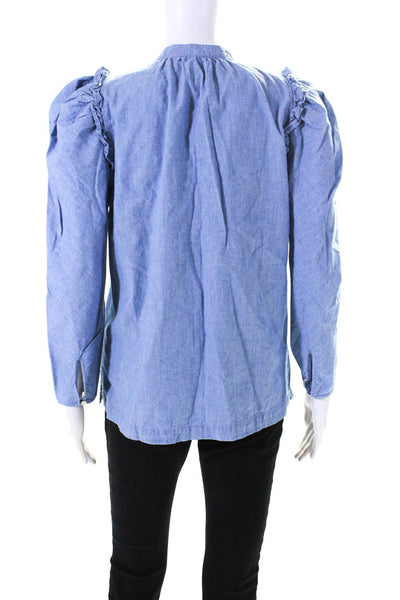 J Crew Womens 3/4 Sleeve Half Button Crew Neck Ruffle Shirt Blue Cotton Small