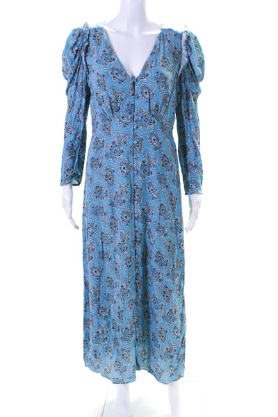 J Crew Womens 3/4 Sleeve Button Front V Neck Floral Midi Dress Blue Size 6