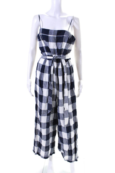 J Crew Womens Spaghetti Strap Square Neck Gingham Jumpsuit Navy White Size 8T