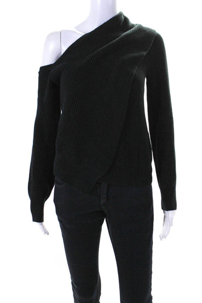 RtA Womens Cotton One Shoulder Long Sleeve Ribbed Sweater Top Black Size M