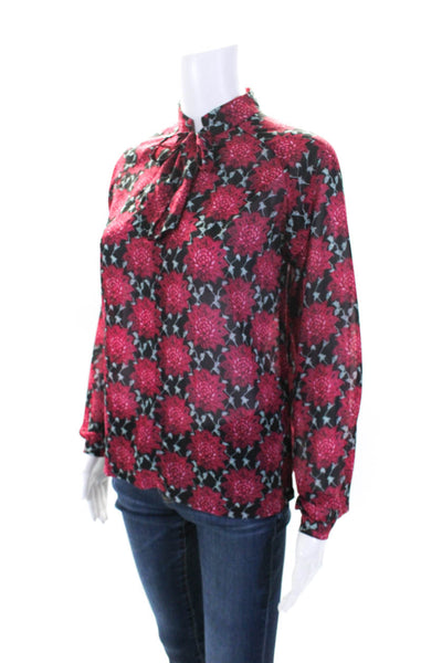 For Love & Lemons Womens Long Sleeve Floral Tie Neck Top Blouse Black Pink XS