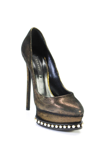 Casadei Womens Metallic Faux Pearl Platform Pumps Black Gold Size 35.5 5.5