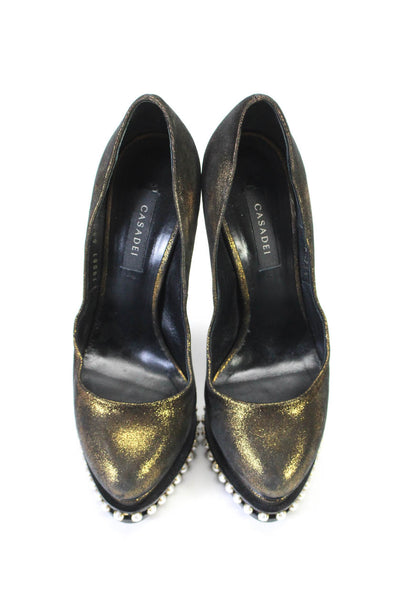 Casadei Womens Metallic Faux Pearl Platform Pumps Black Gold Size 35.5 5.5