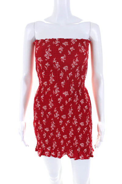 Reformation Womens Ruched Floral Print Strapless Zip Up Mini Dress Red Size S