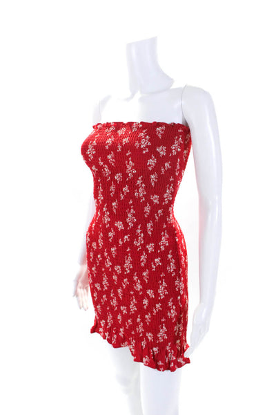 Reformation Womens Ruched Floral Print Strapless Zip Up Mini Dress Red Size S