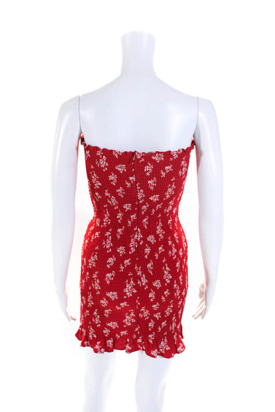 Reformation Womens Ruched Floral Print Strapless Zip Up Mini Dress Red Size S