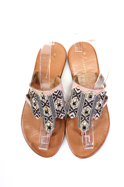 Anthropologie Womens Embroider Jewel Beaded Thong Strap Sandals Beige Size EUR37