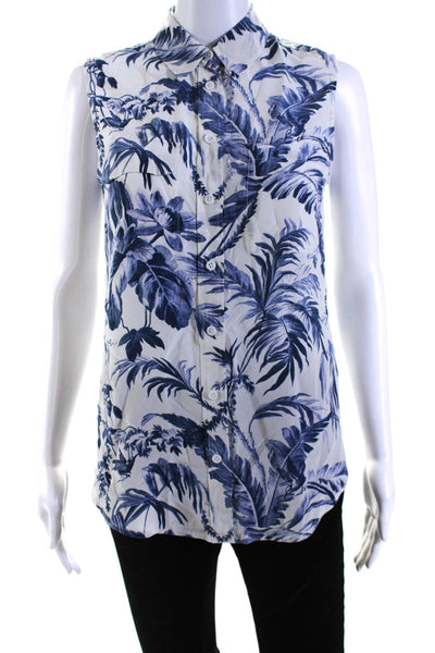 Equipment Femme Womens Sleeveless Floral Print Collared Blouse Silk White XS