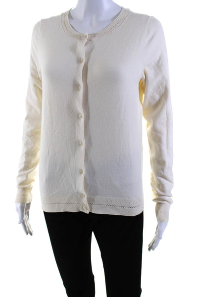 Boden Womens Cotton Knit Crew Neck Button Up Cardigan Sweater Cream Size XS