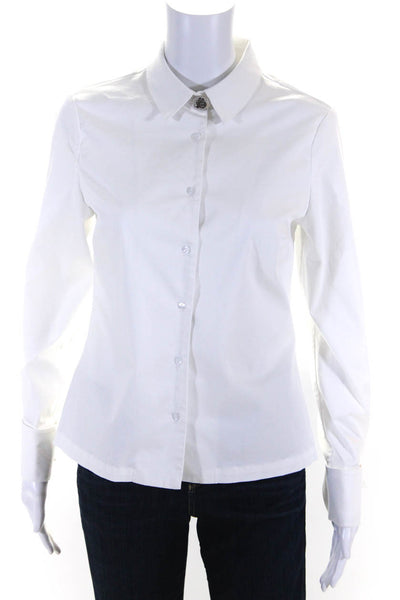 Alexis Womens Cotton Crystal Broche Long Sleeve Button Down Shirt White Size S