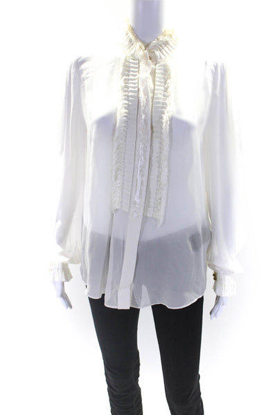 Roberto Cavalli Womens White Silk Fringe Detail Long Sleeve Blouse Top Size 44