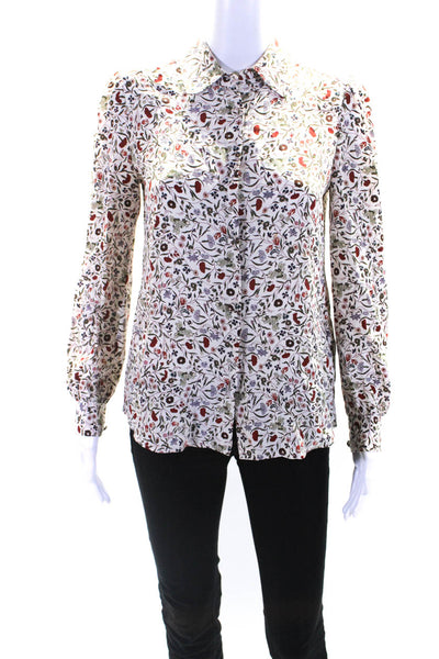 Frame Womens Long Sleeve Collared Floral Print Blouse Silk White Size XS