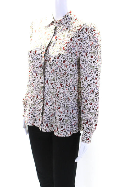 Frame Womens Long Sleeve Collared Floral Print Blouse Silk White Size XS