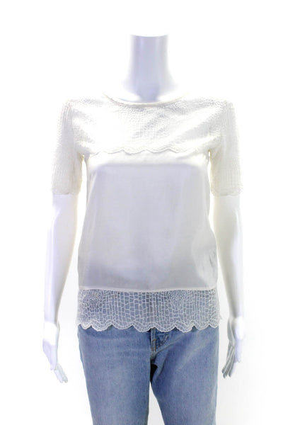 The Kooples Womens Satin Lace Short Sleeve Crew Neck Blouse Top White Size XS