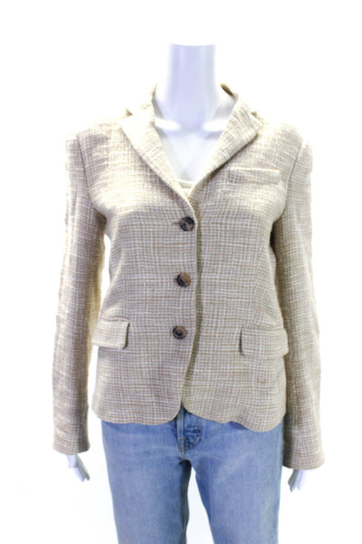 Theory Womens Tweed Button Down Light Suit Jacket Beige White Cotton Size 8