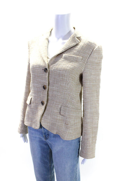 Theory Womens Tweed Button Down Light Suit Jacket Beige White Cotton Size 8