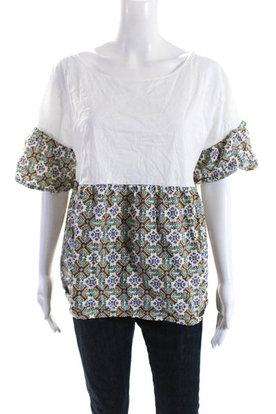 Weekend Max Mara Womens Cotton Geometric Print Short Sleeve Blouse White Size XL