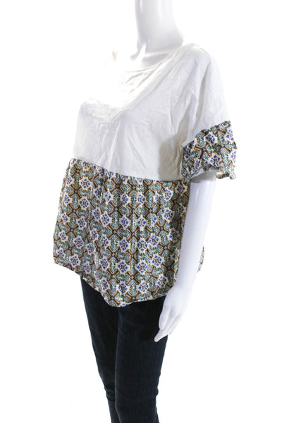 Weekend Max Mara Womens Cotton Geometric Print Short Sleeve Blouse White Size XL