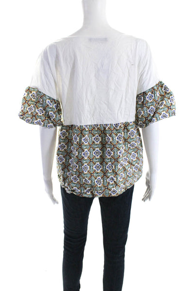 Weekend Max Mara Womens Cotton Geometric Print Short Sleeve Blouse White Size XL