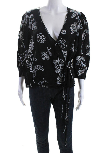 Marella Womens Silk 3/4 Sleeve V Neck Floral Print Wrap Blouse Black Size 48