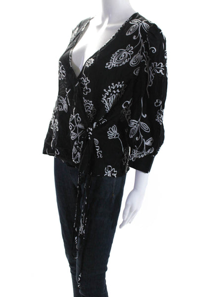 Marella Womens Silk 3/4 Sleeve V Neck Floral Print Wrap Blouse Black Size 48