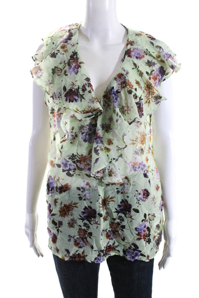 Marella Womens Cotton Floral Print V Neck Ruffle Trim Blouse Green Size 14