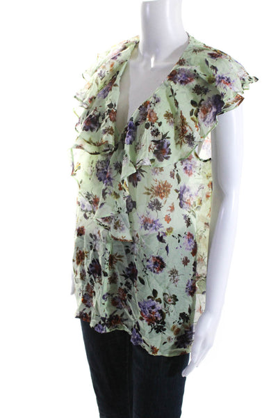 Marella Womens Cotton Floral Print V Neck Ruffle Trim Blouse Green Size 14