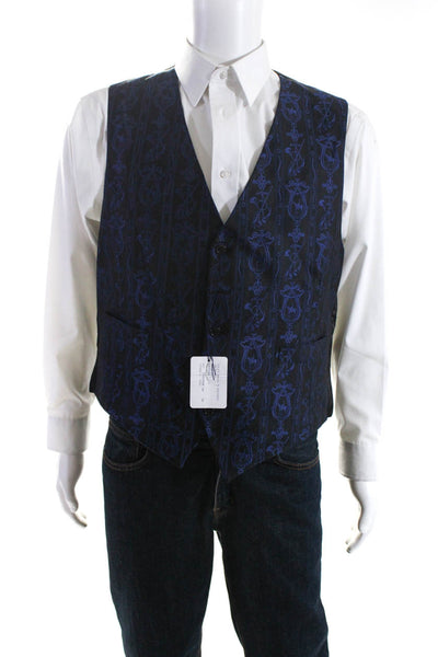 Hermes Mens Navy Black Printed Silk V-Neck Gilet Droit Vest Jacket Size 56