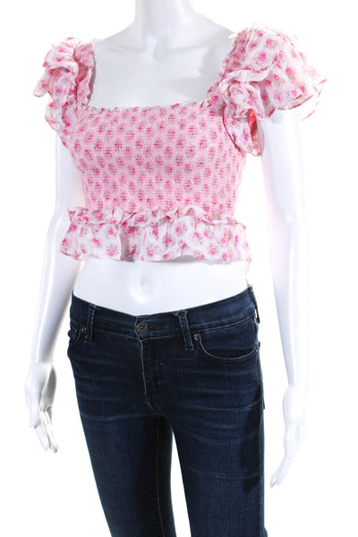 Love Shack Fancy Womens Cotton Floral Smocked Ruffle Blouse Pink Size S