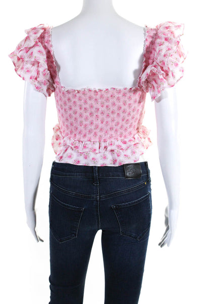 Love Shack Fancy Womens Cotton Floral Smocked Ruffle Blouse Pink Size S